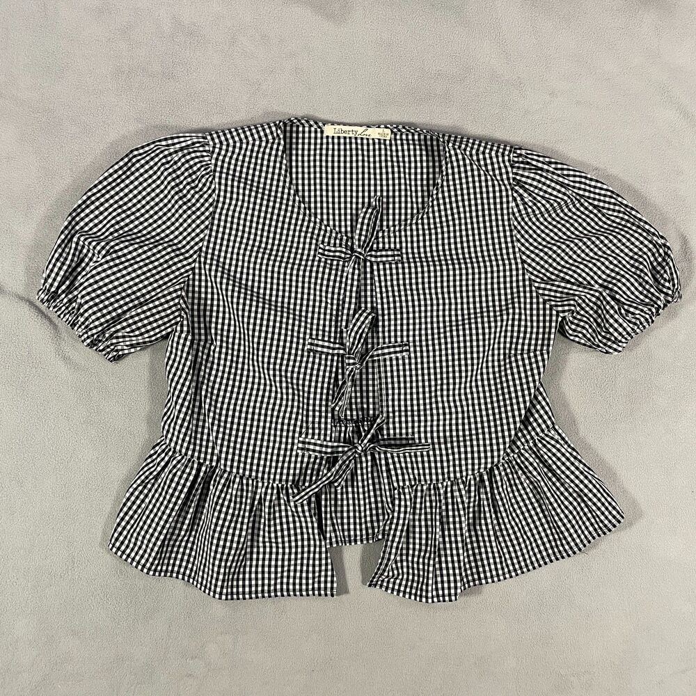 Liberty Love Womens L Black Gingham Peplum Top Puff Sleeve Bow Front Cottagecore